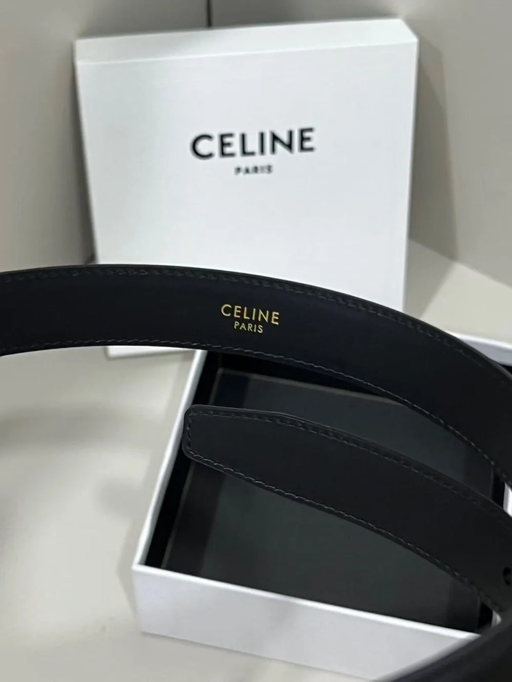 CELINE Black Leather Triomphe Buckle Belt